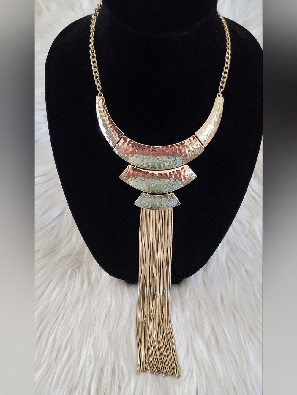 White House Black Market Gold Hammered Long Fringe Chunky Statement Necklace